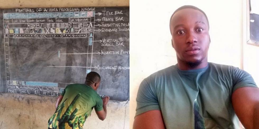 Számítógép híján a táblára rajzolja a Wordot egy ghánai informatika tanár