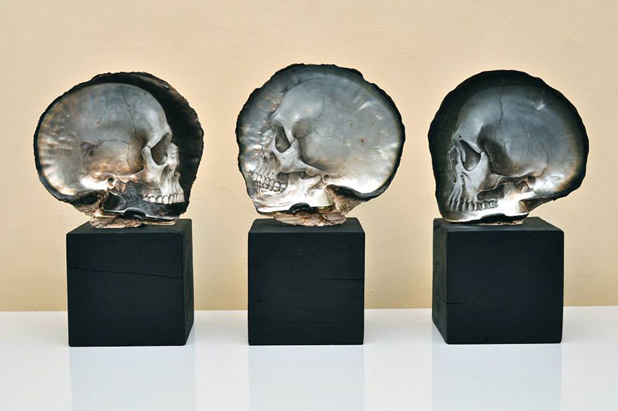 Gyöngykagylók belsejébe karcolt koponyákat a művész