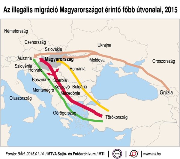 Az illegális migráció Magyarországot érintő főbb útvonalai, 2015