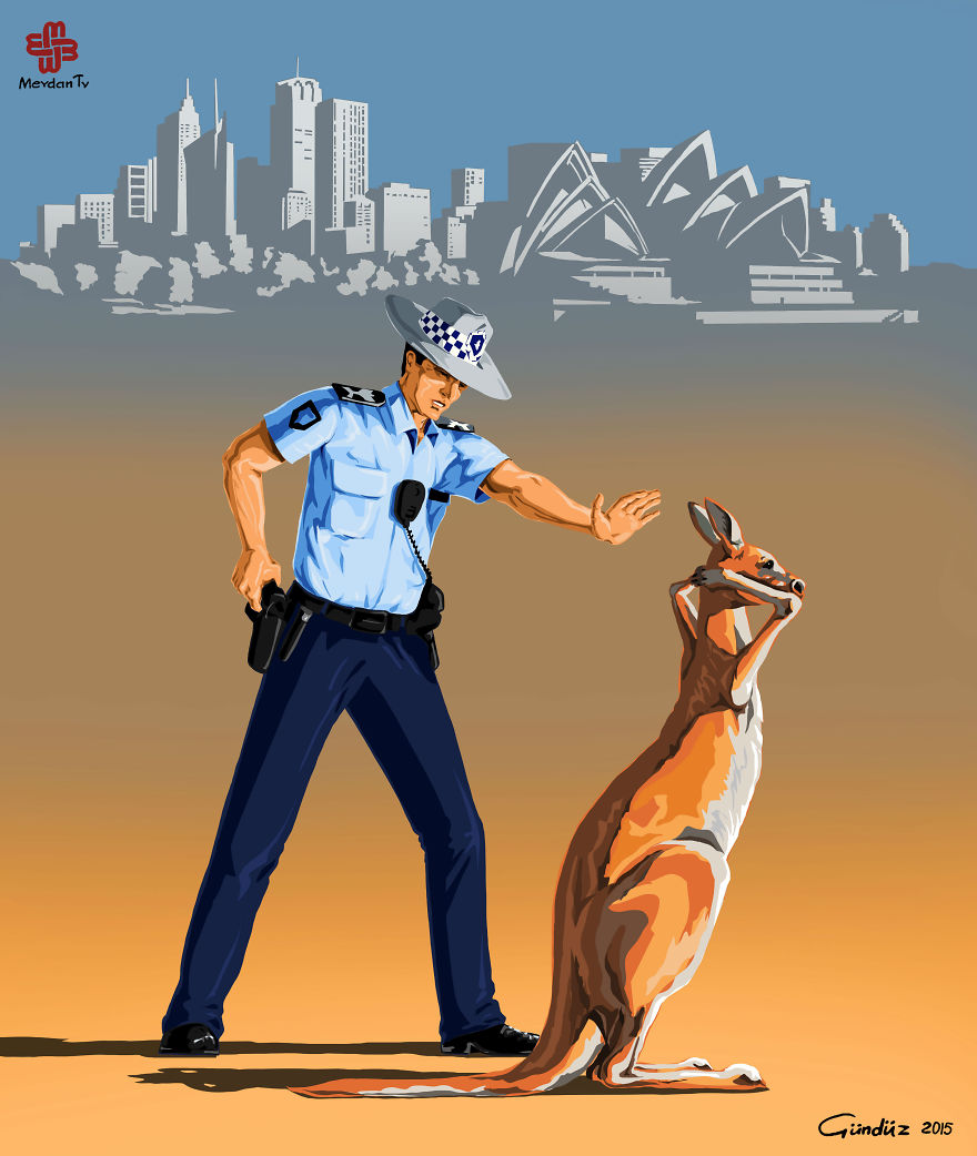 Szatirikus illusztráció rendőrökről a világ minden táján