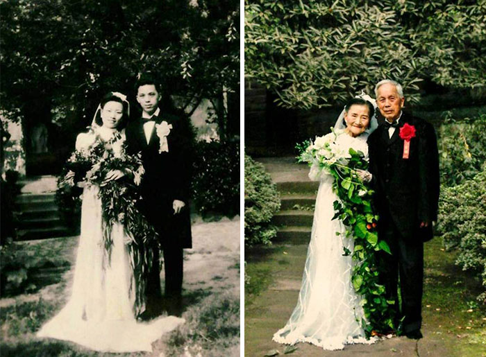 Hetvenedik házassági évfordulójukra kreálták újra esküvői képeiket