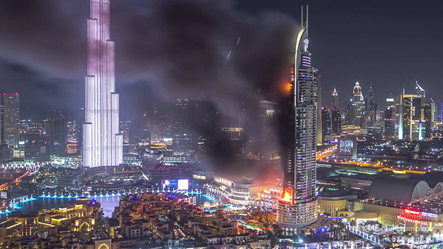A szilveszterkor lángba boruló dubaji felhőkarcolóról timelapse felvételt készítettek