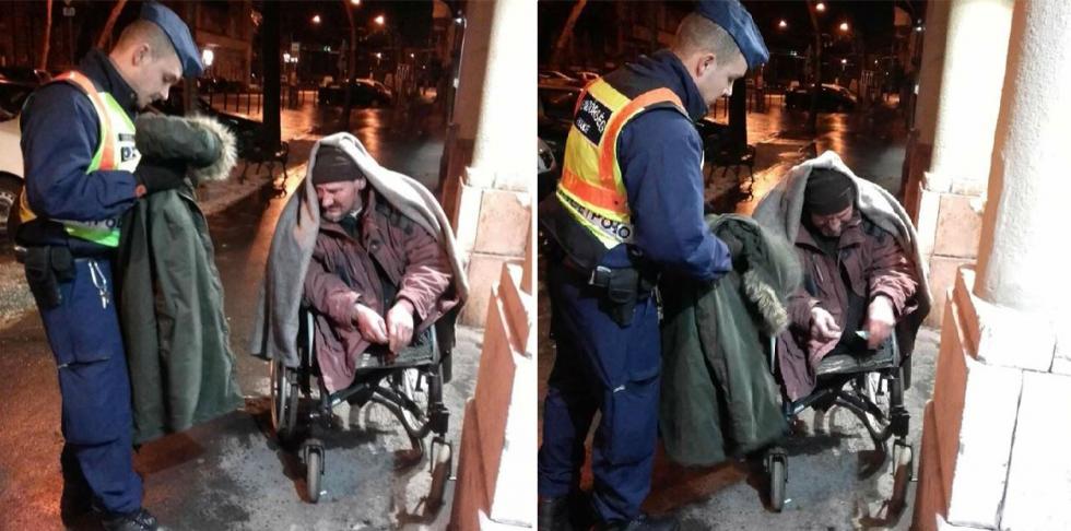 Kabátot ajándékozott a jószívű budapesti rendőr a fázó hajléktalannak
