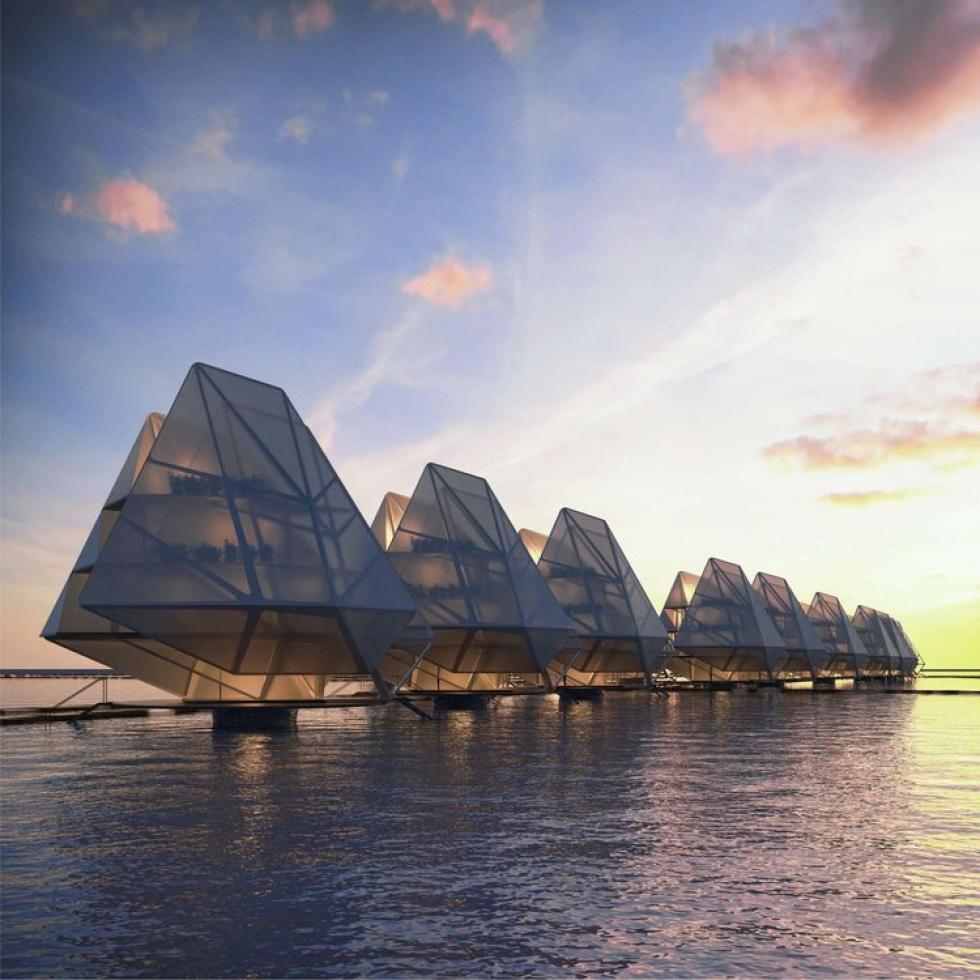 Egy önfenntartó közösség, vízen úszó, hajó alakú házak sorozatából
