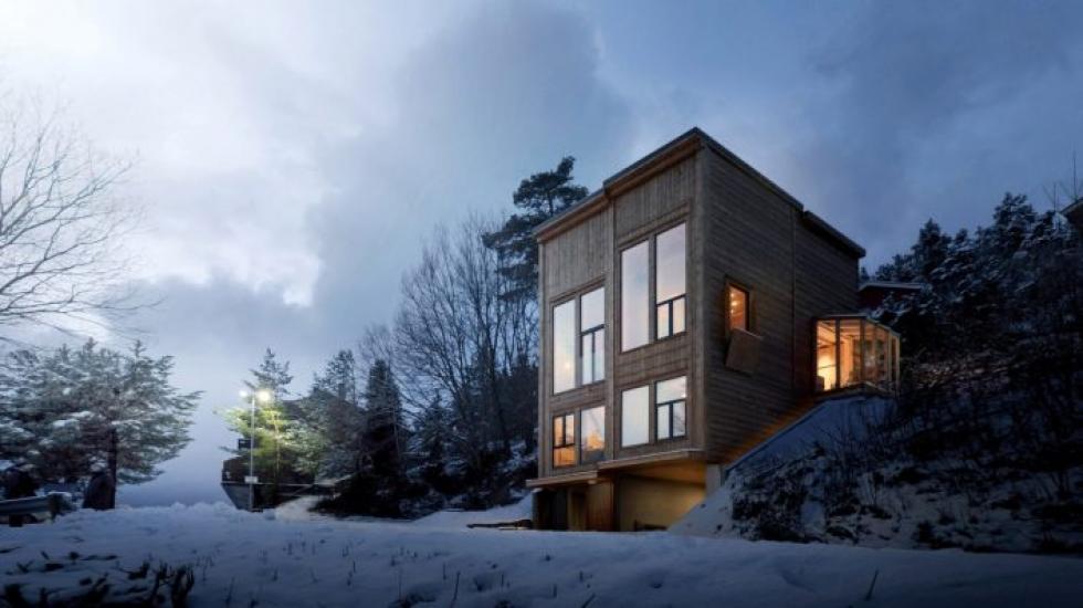 Modern faház a havas Norvégiában