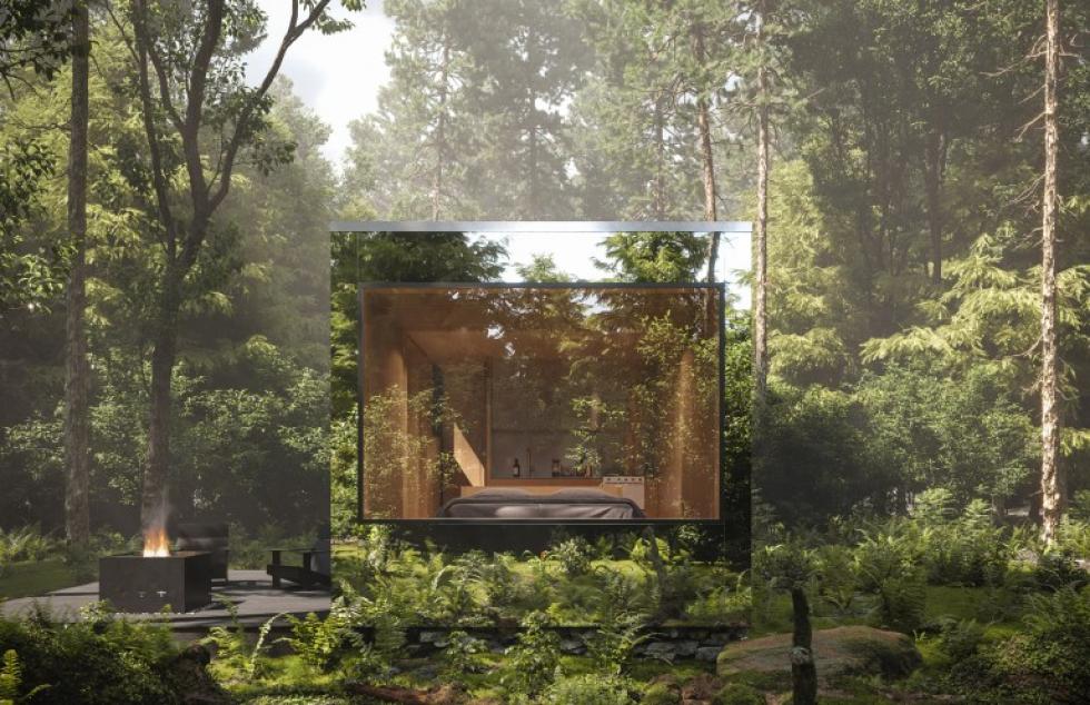 A tükrös homlokzatú Arcana kunyhók észrevétlenül beolvadnak a kanadai erdőbe