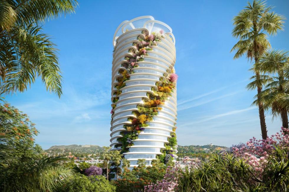 A Foster + Partners egy spirális kertekbe burkolt hollywoodi tornyot tervezett