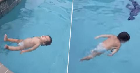 Sellőként úszik a medencében egyedül az 1 éves baba – videó