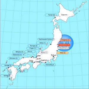 Japán atomerőművei és a 2011-es földrengés helye.