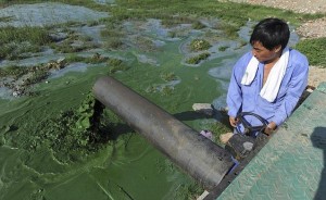 A worker pumps algae into a treatment reservoir at Chaohu Lake in Hefei