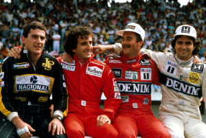 1986, Portugália, Estroil: Senna, Prost, Mansell és Piquet - a legnagyobb F1-es fotó. (c) FOM