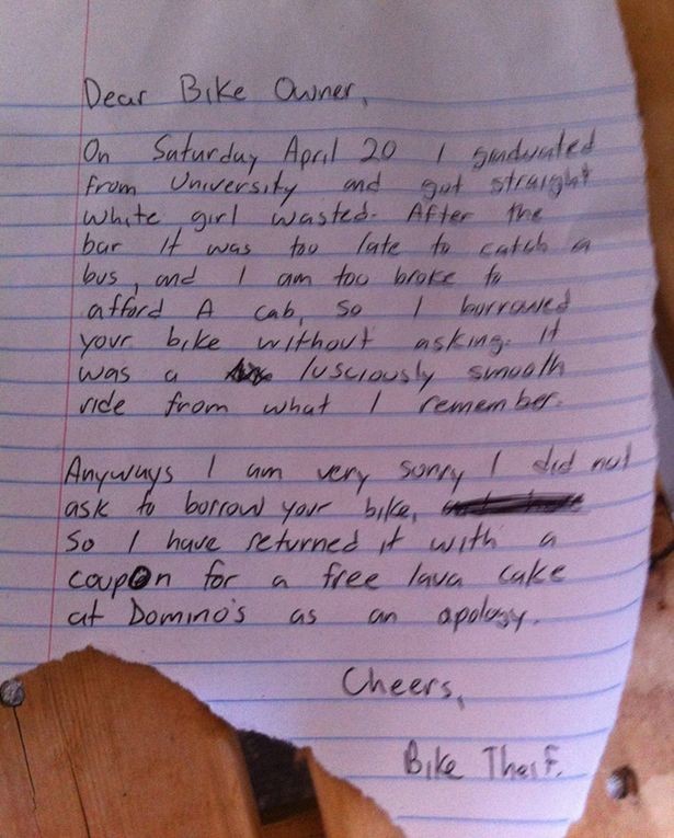 A tolvaj bocsánatkérő levéllel és egy desszertkuponnal adta vissza a biciklit
