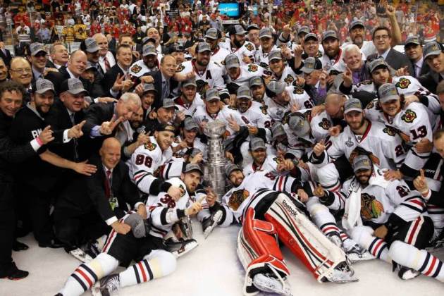 Chicago Blackhawks celebrate their championship following Game 6 of the Stanley Cup Finals, Monday, June 24, 2013, at TD Garden in Boston, MA. (Scott Strazzante/Chicago Tribune)  B583016742Z.1 B583016742Z.1 ....OUTSIDE TRIBUNE CO.- NO MAGS,  NO SALES, NO INTERNET, NO TV, CHICAGO OUT, NO DIGITAL MANIPULATION...