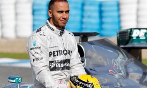 Lewis Hamilton relaxes with the Mercedes W04 at its launch in Jerez