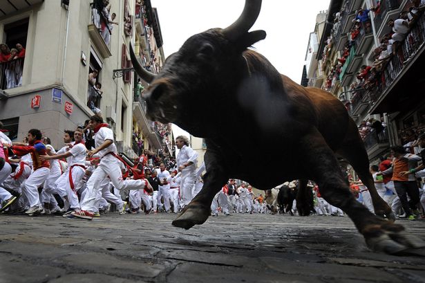 Participants run in front of Cebada Gago bulls during the third bull run of the San Fermin festival-1137349