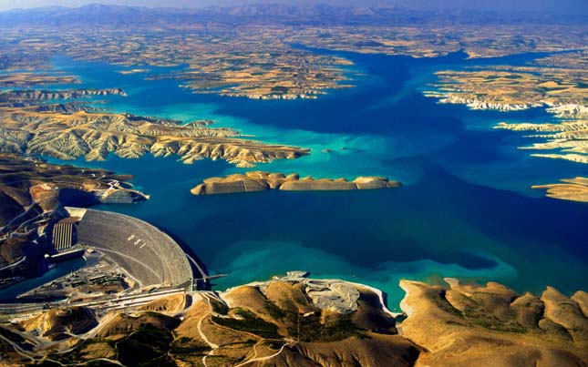 Aerial view of the Atatürk Dam on the Euphrates River, Turkey