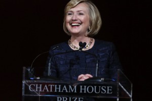 Former U.S. Secretary of State Hillary Clinton speaks after receiving the Chatham House prize at the banqueting hall in central London