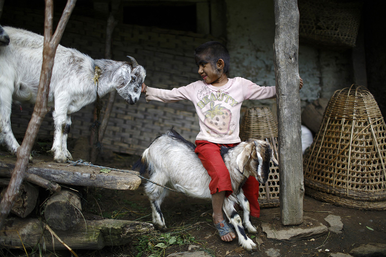 Mandira Budhathoki plays with goats in the cattle shed at her house in Kharay, Dolkha District