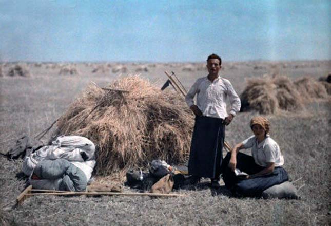 Peasant couple work during harvest, their belongings beside them