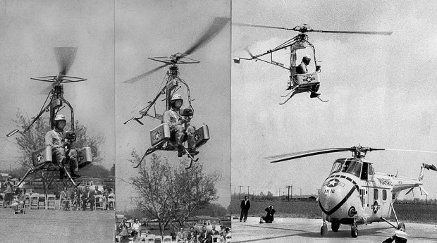 1957. Mini helikopter tesztje az USA-ban. A pilóta néhány nappal később, 15 méter magasból lezuhanva súlyosan megsérült. A gép tönkrement.