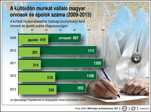 A külföldön munkát vállaló magyar orvosok és ápolók száma (2009-2013)