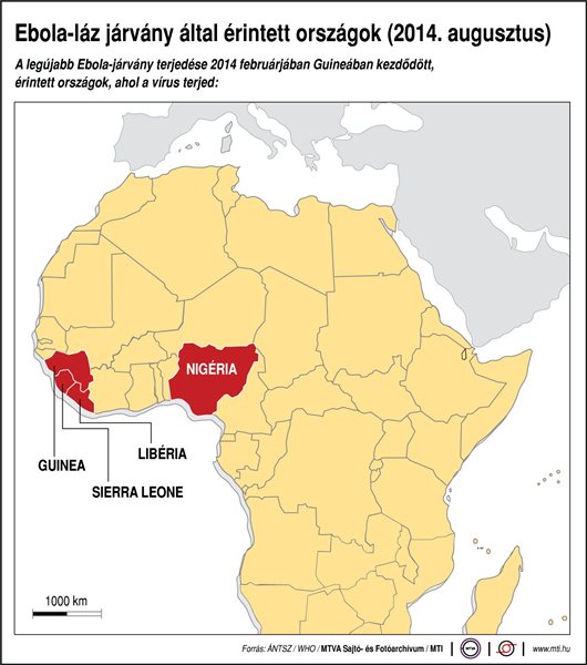 Ebola-láz járvány által érintett országok (2014. augusztus)