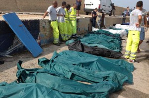 Body bags containing migrants at Lampedusa