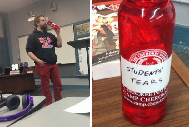 A diákok szünetben találták meg a tanár üdítősüvegét, amelyre diákok könnye volt írva.
