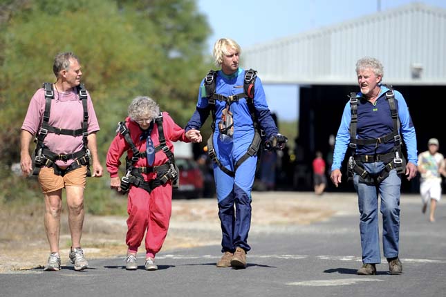 CAPE TOWN, SOUTH AFRICA  MARCH 15 (SOUTH AFRICA OUT): Georgina Harwood skydives on March 15, 2015 in Cape Town, South Africa. Harwood celebrated her 100th birthday last Wednesday. This was the third time that the gran was skydiving, she did her first jump when she was 92. (Photo by Jaco Marais/Foto24/Gallo Images/Getty Images)