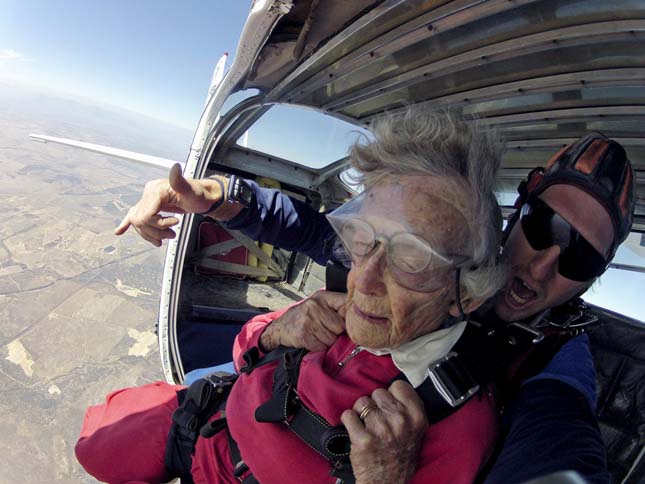CAPE TOWN, SOUTH AFRICA  MARCH 15 (SOUTH AFRICA OUT): Georgina Harwood skydives on March 15, 2015 in Cape Town, South Africa. Harwood celebrated her 100th birthday last Wednesday. This was the third time that the gran was skydiving, she did her first jump when she was 92. (Photo by Esa Alexander/Sunday Times/Gallo Images/Getty Images)