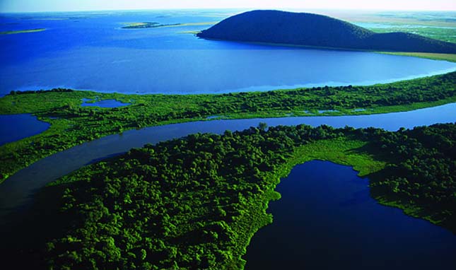 An aerial view of the Pantanal, the largest freshwater estuary in the world. The Pantanal is located in western Brazil, along the Paraguay River and adjacent to to the Bolivian border.