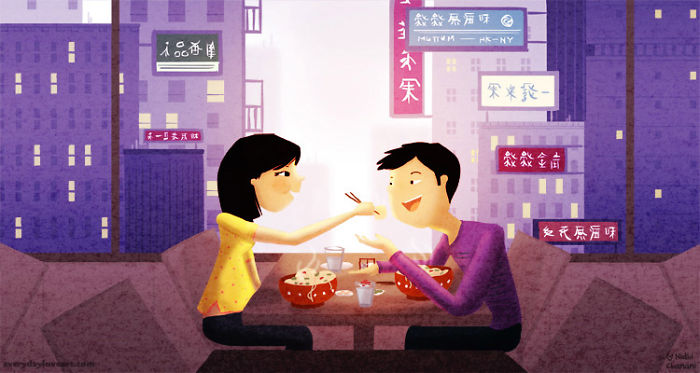 Illustration of couple sharing a dumpling