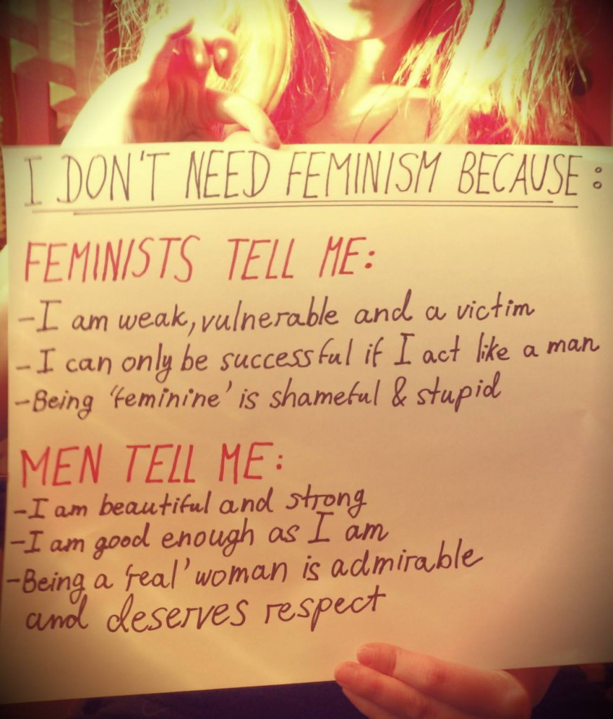 Nem kérek a feminizmusból, mert A feministáktól azt hallom: Gyenge vagyok, sebezhető, és áldozat Akkor lehetek sikeres, ha férfiként viselkedem Nőiesnek lenni szégyen és baromság A férfiaktól viszont azt hallom: Gyönyörű vagyok és erős Jó vagyok úgy, ahogy vagyok Nőies nőnek lenni csodálatos és tiszteletreméltó