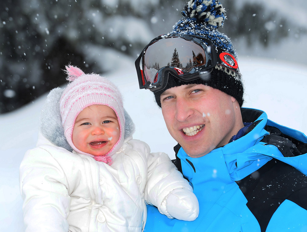 FRENCH ALPS, FRANCE - MARCH 3: (NEWS EDITORIAL USE ONLY. NO COMMERCIAL USE. NO MERCHANDISING) Prince William, Duke of Cambridge and Princess Charlotte, enjoy a short private skiing break on March 3, 2016 in the French Alps, France. (Photo by John Stillwell - WPA Pool/Getty Images) (TERMS OF RELEASE - News editorial use only - it being acknowledged that news editorial use includes newspapers, newspaper supplements, editorial websites, books, broadcast news media and magazines, but not (by way of example) calendars or posters.)