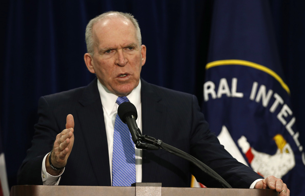 Director of the Central Intelligence Agency John Brennan makes a point while he holds a rare news conference at the CIA Headquarters in Virginia