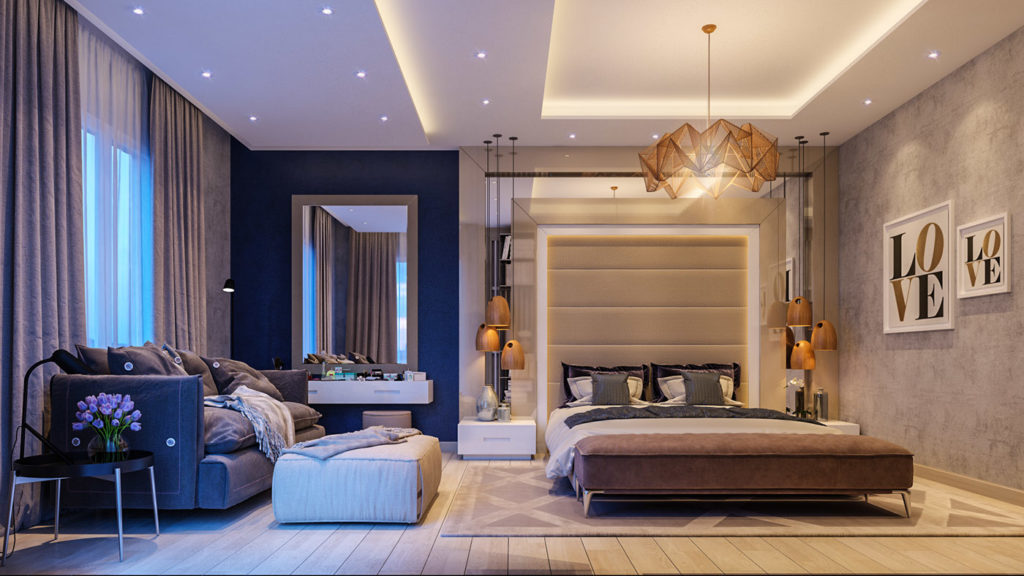 Glamorous-LOVE-bedroom-brown-white-and-beige-amber-tones-midnight-blue-side-wall