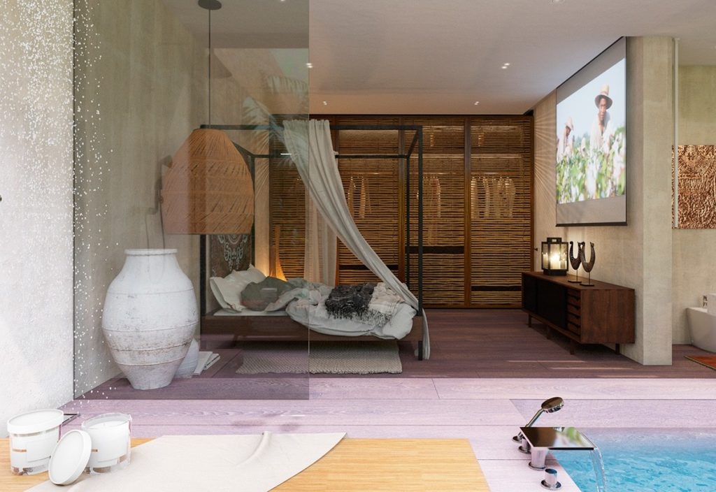 Tropical-bedroom-cane-feature-wall-terracotta-hanging-pots-indoor-pool