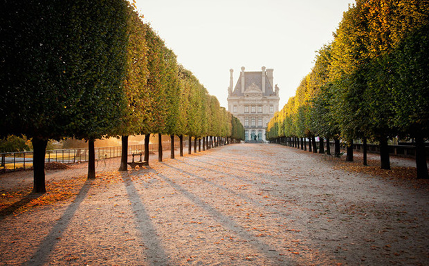 The Ecole du Louvre building at the end of a tree lined path, in the grounds of the famous Louvre palace complex in Paris, France